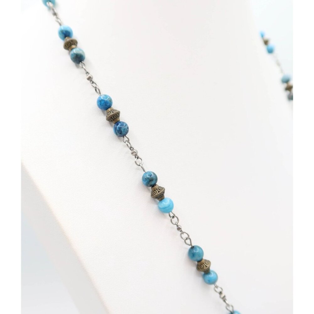Flying Owl Silver Tone Beaded Pendant Necklace Faux Turquoise Station Boho - Picture 3 of 7